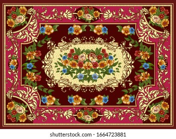 Illustration of a bright multicolored carpet with floral ornaments