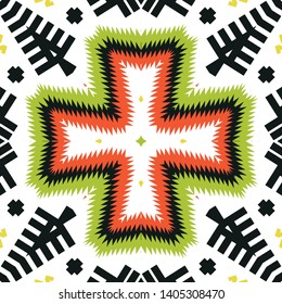 Illustration of a bright multicolored carpet with geometric ornament.ethnic Aztec style design. 