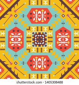 Illustration of a bright multicolored carpet with geometric ornament.ethnic Aztec style design. 