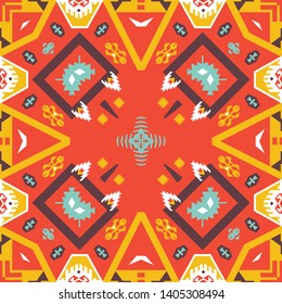 Illustration of a bright multicolored carpet with geometric ornament.ethnic Aztec style design. 