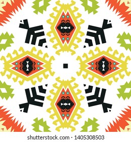 Illustration of a bright multicolored carpet with geometric ornament.ethnic Aztec style design. 