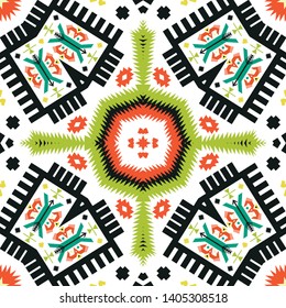 Illustration of a bright multicolored carpet with geometric ornament.ethnic Aztec style design. 