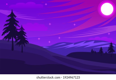 Illustration of a bright night landscape with trees and moon and hills 