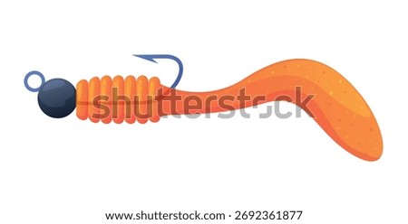 An illustration of a bright orange grub bait with a hook ready to be cast for fishing in fresh or salt water.