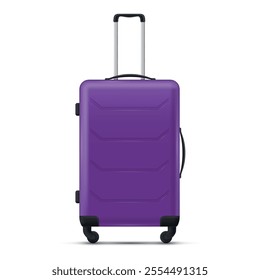 An illustration of a bright purple suitcase that features wheels and a retractable handle for easy transport. It is ideal for travelers looking for convenience and style during their travels.