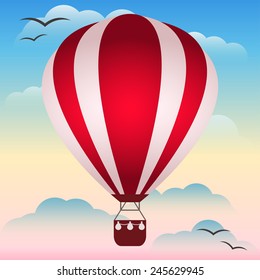 Illustration with bright red colored hot air balloon floating in the sunset sky among the clouds for use in design for card, invitation, poster, banner, placard or billboard cover