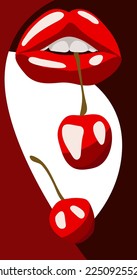Illustration of bright red lips with a cherry on an abstract background. A bright banner, a flyer for cherry-flavored products. Printing on textiles and paper Vector illustration for marketing