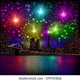 illustration bright shiny background with night city and glowing fireworks salute