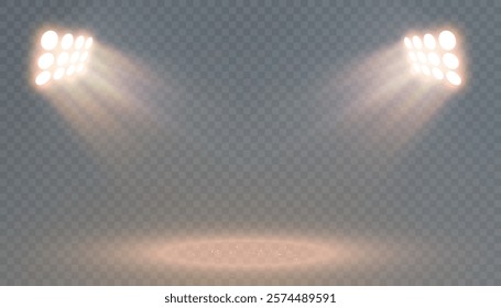 Illustration of bright spotlight sources with reflection on the floor. Spotlight for web design and illustrations