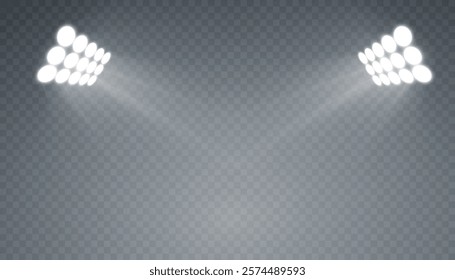 Illustration of bright spotlight sources with reflection on the floor. Spotlight for web design and illustrations