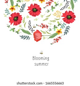 Illustration with bright summer flowers. Vector illustration. Manual graphics. Suitable for decorating various surfaces.