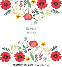 Illustration with bright summer flowers. Vector illustration. Manual graphics. 