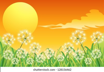 Ilustración de un paisaje de puesta de sol brillante