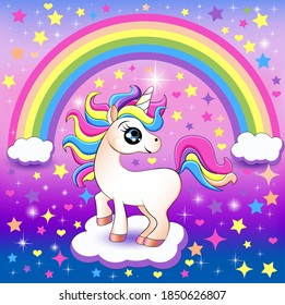 Illustration of a bright unicorn on a cloud with rainbow and stars