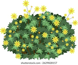 Illustration of bright yellow flowers amidst dense green leaves. Flat vector style with vivid colors and detailed composition