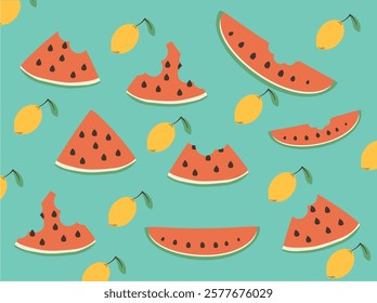 illustration with bright yellow lemons and slices of mounted red watermelon with seeds on a mint background