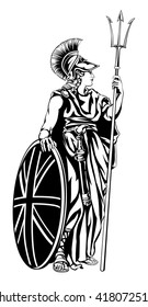 Illustration of Britannia, personification of Britain, holding a Union Jack Shield and trident svg