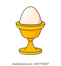 Illustration of a British breakfast featuring a boiled egg in an egg cup, cartoon style, colorful and playful design