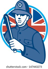 Illustration of a British London bobby police officer policeman man wielding truncheon or baton also called cosh, billystick, billy club, nightstick, sap, stick Union Jack flag background retro style.