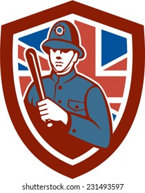 Illustration of a British London bobby police officer policeman man wielding truncheon or baton, nightstick, sap, stick set inside shield crest with Union Jack flag in background done in retro style.