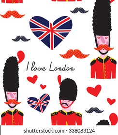 Illustration of a British Royal Guard saying I love London. Seamless vector patter on a white backgroun for language english school, packaging, decorative paper, school notebook, website, textile.