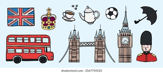 Illustration of British symbols: Union Jack, crown, tea set, soccer ball, umbrella, red bus, Tower Bridge, Big Ben, and guard. British culture icons. London travel illustrations vector set.