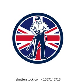 Illustration of British worker with pressure washer chemical washing using high-pressure water spray with UK United Kingdom Union Jack flag set inside circle done in retro woodcut style. 