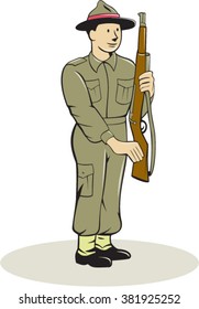 Illustration of a British World War II soldier presenting arms rifle weapon for inspection set on isolated white background done in cartoon style. 