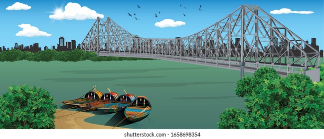 illustration of the British-era Howrah Bridge across Hooghly River. Heritage colonial architecture and famous historical landmarks.