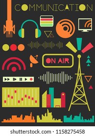 Illustration of Broadcasting Communication Elements from Tower, Signal, Sound Waves to Microphone