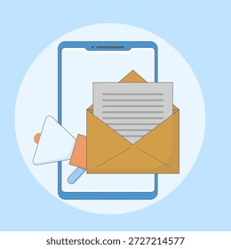 Ilustración de la difusión por correo electrónico. El concepto de usar un teléfono móvil para transmitir.