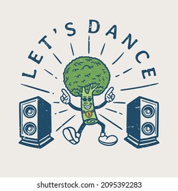 illustration of broccoli character in glasses dancing with speaker in vintage style