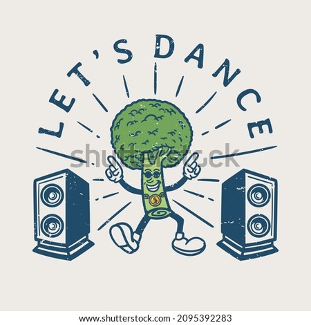 illustration of broccoli character in glasses dancing with speaker in vintage style