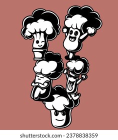 an illustration of a broccoli mascot bundle in black and white