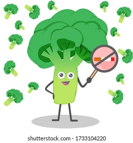 illustration of a broccoli mascot who is holding a smoking ban sign. the concept of the day there is no tobacco. graphic design characters