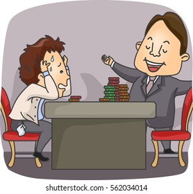 Illustration of a Broke Compulsive Gambler at a Casino Torn Between Quitting and Continuing to Play