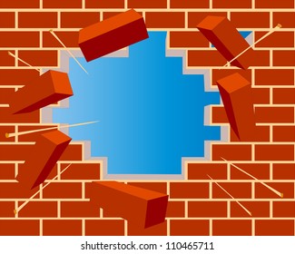 ilustración pared de ladrillo roto con agujero y cielo