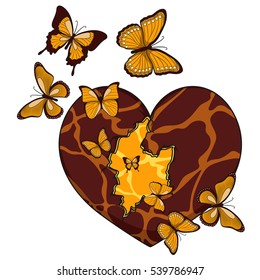 Illustration with a broken heart and butterflies. 