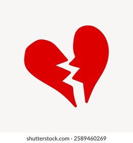 Illustration of a broken heart. Red broken heart symbol. Heart shape split in two. Broken heart icon on a white background. Love and heartbreak concept. Love element vector.