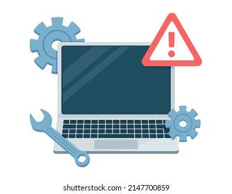 Illustration of a broken laptop. Error warning. Vector image of a broken or repaired computer.