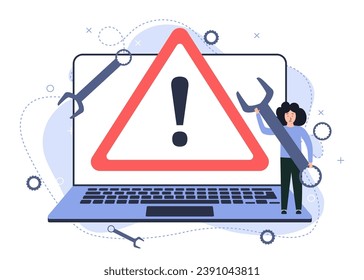 Illustration of a broken laptop. Error warning sign on the screen. Vector image of a broken or repaired computer.