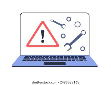 Illustration of a broken laptop. Error warning sign on the screen. Vector image of a broken or repaired computer.