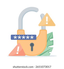 illustration of a broken padlock with an exclamation mark. Notification of an error that occurred in the security and protection system. Warning that the password has been hacked and leaked.