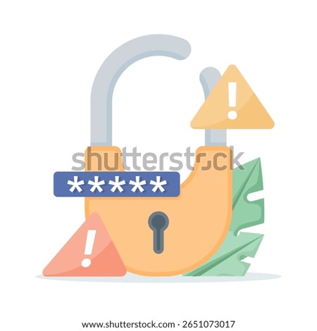 illustration of a broken padlock with an exclamation mark. Notification of an error that occurred in the security and protection system. Warning that the password has been hacked and leaked.