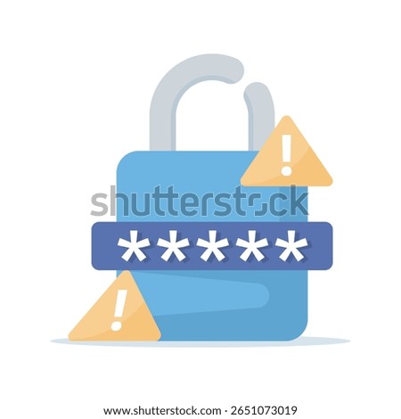 illustration of a broken padlock with an exclamation mark. Notification of an error that occurred in the security and protection system. Warning that the password has been hacked and leaked.