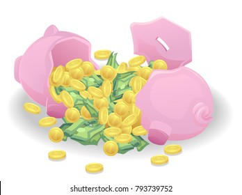 Illustration of a Broken Piggy Bank Full of Coins and Money