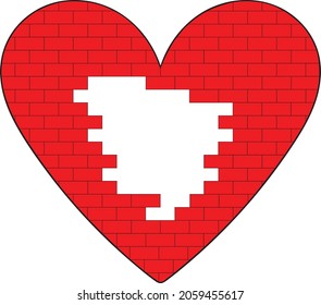 Illustration of broken red heart shape brick wall