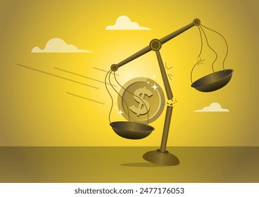 An illustration of broken scale of justice by dollar coin as corruption and dishonesty metaphor. Corrupt politics concept