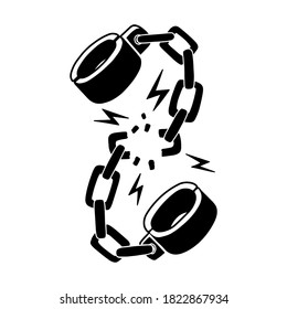 Illustration of Broken shackles in vintage monochrome style. Design element for logo, emblem, sign, poster, card, banner. Vector illustration