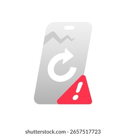 Illustration of a broken smartphone screen with refresh icon and exclamation mark. failed page load, app crash, connection error, or mobile system failure. app error screens ui